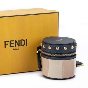 Fendi FF Zucca penguin logo monogram studded leather mini jewlery trunk case NEW